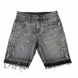 Ouzey Streetwear Rhinestone Rivet Denim Shorts Harajuku Hip Hop Cross Diamond Light Blue Shorts Gothic Casual Fashion Pants Men Women