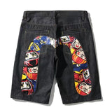 Ouzey 2025 Summer Printed Shorts HipHop American High Street Harajuku Style Fashion Loose Printed Denim Straight Cut Pants Street Wear