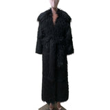 Ouzey Winter Extra Long Black Thick Warm Shaggy Fluffy Fuzzy Faux Fur Coat Women Sashes Luxury Elegant Maxi Furry Overcoat