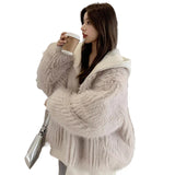 Ouzey Spring Winter Hairy Shaggy Soft Thick Warm Faux Fur Coat Women with Hood Fluffy Jacket Fake 2 Piece Clothes 2025