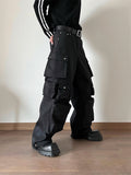 Ouzey Spring Autumn Cool Black Wide Leg Cargo Pants Multi Pockets Long Techwear Clothes Handsome Trousers Streetwear 2025