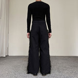 Ouzey Dark Plush Patchwork Denim Wide-leg Pants