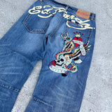 Ouzey 90s Streetwear Gothic Hip Hop Skull Embroidery Jeans for Men Casual Y2k High Waist Wide Leg Baggy Jeans Retro Straight Denim Pants Streetwear