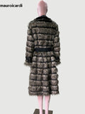 Ouzey Spring Winter Long Thick Warm Soft Fluffy Hairy Striped Faux Fox Fur Coat Women Luxury Elegant Chic Furry Overcoat