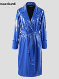 Ouzey Spring Autumn Long Waterproof Oversized Shiny Reflective Soft Thin Flowy Blue PVC Leather Trench Coat for Women 2025