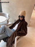 Ouzey Spring Winter Long Brown Thick Warm Soft Faux Mink Fur Coat Women Puff Sleeve Elegant Luxury Chic Fluffy Clothes