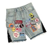 Ouzey Streetwear Light Blue Denim Shorts Men Women Harajuku Cartoon Graphic Patch Loose Pants Gothic Pockets Embroidered Sports Shorts