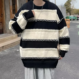 Ouzey 2024 Nordic Design Hollow Out Black White Stripe Sweater Men Women's Same Style Casual Pullover Loose Fit Long Sleeve