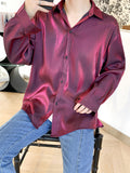 Ouzey Spring Black Flowy Soft Light Shiny Reflective Wine Red Satin Shirt Men Long Sleeve Loose Mens Designer Clothes 2025