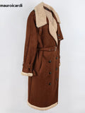 Ouzey Spring Winter Long Brown Thickened Warm Soft Fake Shearling Coat Women Belt Loose Faux Sheepskin Overcoat 2025