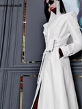 Ouzey Spring Autumn White Fitted Long Pu Leather Coat Women Zipper Belt Elegant Chic Luxury Designer Fake 2 Clothes 2025