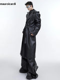 Ouzey Autumn Long Oversized Waterproof Black Faux Leather Trench Coat Men with Hood Loose Luxury Designer Clothes 2025