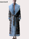 Ouzey Autumn Winter Extra Long Striped Thick Warm Faux Fur Coat Women with Fur Trim Elegant Luxury Maxi Furry Overcoat