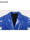 Ouzey Spring Autumn Long Waterproof Oversized Shiny Reflective Soft Thin Flowy Blue PVC Leather Trench Coat for Women 2025