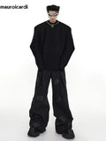 Ouzey Spring Autumn Long Black Loose Casual Pu Leather Patchwork Wide Leg Pants Men High Waist Luxury Designer Clothes