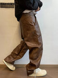 Ouzey Autumn Long Retro Cool Baggy Distressed Washed Brown Soft Pu Leather Wide Leg Pants for Men Luxury Designer Clothes