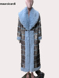 Ouzey Autumn Winter Extra Long Striped Thick Warm Faux Fur Coat Women with Fur Trim Elegant Luxury Maxi Furry Overcoat