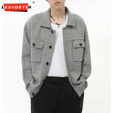 Ouzey Korean Style Men's Cardigan Big Pockets Single Breasted Turn-down Collar Solid Color Simple Sweater Autumn Clothes