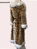 Ouzey Winter Long Thick Warm Colorful Fluffy Leopard Print Faux Fur Coat Women with Fake Fox Fur Trim Luxury Designer Clothes 2025