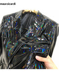 Ouzey Spring Autumn Cool Fitted Black Soft Shiny Reflective Patent Faux Leather Jacket Blazer Men Runway Fashion 2025