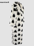 Ouzey Autumn Winter Thick Warm Colorful Fluffy Heart Printed Maxi Faux Fur Coat Women Sashes Luxury Designer Clothes 2025