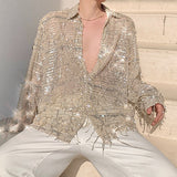 Ouzey Fringed Sequined Mesh Shirt