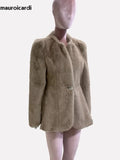 Ouzey Winter Elegant Luxury Short Fitted Thick Warm Soft Skirted Faux Mink Fur Coat Jacket Women with Long Puff Sleeve