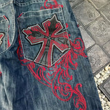 Ouzey Y2K Denim Capris New Gothic Retro Cross Graphic Embroidered Shorts Harajuku Hip Hop High Waist Casual Dark Blue Shorts Men Women