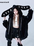 Ouzey Autumn Winter Sweet Cute Kawaii Soft Thick Warm Black Faux Fur Coat Women with Bunny Ears Cute Fluffy Jacket Hoodie