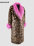 Ouzey Winter Long Thick Warm Colorful Leopard Print Patchwork Faux Fur Coat Women Luxury Designer European Clothes 2025