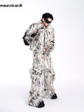 Ouzey Autumn Winter Cool Short Colorful Multicolored Thick Warm Hairy Faux Fur Coat Men Fluffy Jacket 2025 Y2K Streetwear