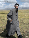 Ouzey Autumn Winter Long Oversized Cool Warm Herringbone Woolen Trench Coat Men Single Breasted Loose European Fashion