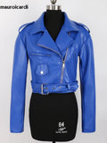 Ouzey Spring Short Blue Lightweight Soft Pu Leather Moto & Biker Jacket Women Zipper Belt Long Sleeve Fall Clothes 2025