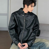 Ouzey Trendy Hong Kong Style Cropped Leather Jacket For Men Double Zip Loose Fit Casual Faux Leather Jacket Autumn/Winter