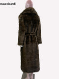 Ouzey Winter Elegant Long Thick Warm Striped Fluffy Brown Faux Sable Fur Coat Women Shawl Collar Sashes Furry Overcoat