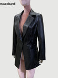 Ouzey Spring Autumn Fitted Black Pu Leather Blazers Elegant Women Long Sleeve Single Button High Quality Women Clothing