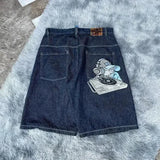 Ouzey Streetwear Light Blue Denim Shorts Men Women Harajuku Cartoon Graphic Patch Loose Pants Gothic Pockets Embroidered Sports Shorts