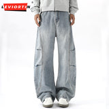 Ouzey Hip Hop Men Cargo Jeans Pants Streetwear Multi-Pockets Motocycle Workwear Denim Trousers Loose Baggy Wide Leg Jeans Women Unisex