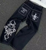 Ouzey Streetwear Baggy Jeans Men Women Harajuku Retro Flower Graphic Embroidery High Waist Trousers Goth Splicing Floor Mopping Pants