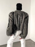 Ouzey Spring Winter Short Thick Warm Hairy Shaggy Grey Faux Fur Coat Men V Neck Long Sleeve Cool Handsome Fluffy Jacket