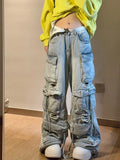 Ouzey Light blue washed ripped multi-pocket high street cargo pants women 2025 aesthetic fashion American retro wide leg baggy jeans