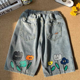 Ouzey Wide-leg denim shorts men's trendy brand  Korean style loose straight shorts summer American retro printed three-quarter pants