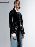 Ouzey High Quality Cool Handsome Runway European Fashion Black Reflective Shiny Patent Faux Leather Jacket Men Clothes