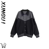 Ouzey European and American hip-hop sweaters retro contrasting color splicing men's loose versatile cardigan top jacket women clothing