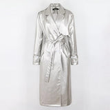 Ouzey Spring Long Loose Black Silver Soft Faux Leather Trench Coat for Women Sashes Double Breasted Leather Overcoat 2025