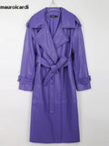 Ouzey Spring Long Waterproof Soft Purple Pu Leather Trench Coat for Women Sashes Luxury Elegant Leather Overcoat 2025