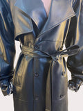 Ouzey Spring Extra Long Black Pu Leather Trench Coat for Women Shoulder Pads Back High Slit Maxi Leather Overcoat 2025