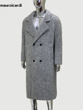 Ouzey Mens Winter Coats Double Breasted Loose Casual Warm Thick Long Grey Luxury Elegant Chic Woolen Overcoat Men 2025