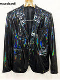 Ouzey Spring Autumn Cool Fitted Black Soft Shiny Reflective Patent Faux Leather Jacket Blazer Men Runway Fashion 2025