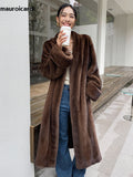 Ouzey Winter Long Brown Thick Warm Soft Fluffy Faux Mink Fur Coat Women V Neck Loose Chic Stylish Luxury Designer Clothes